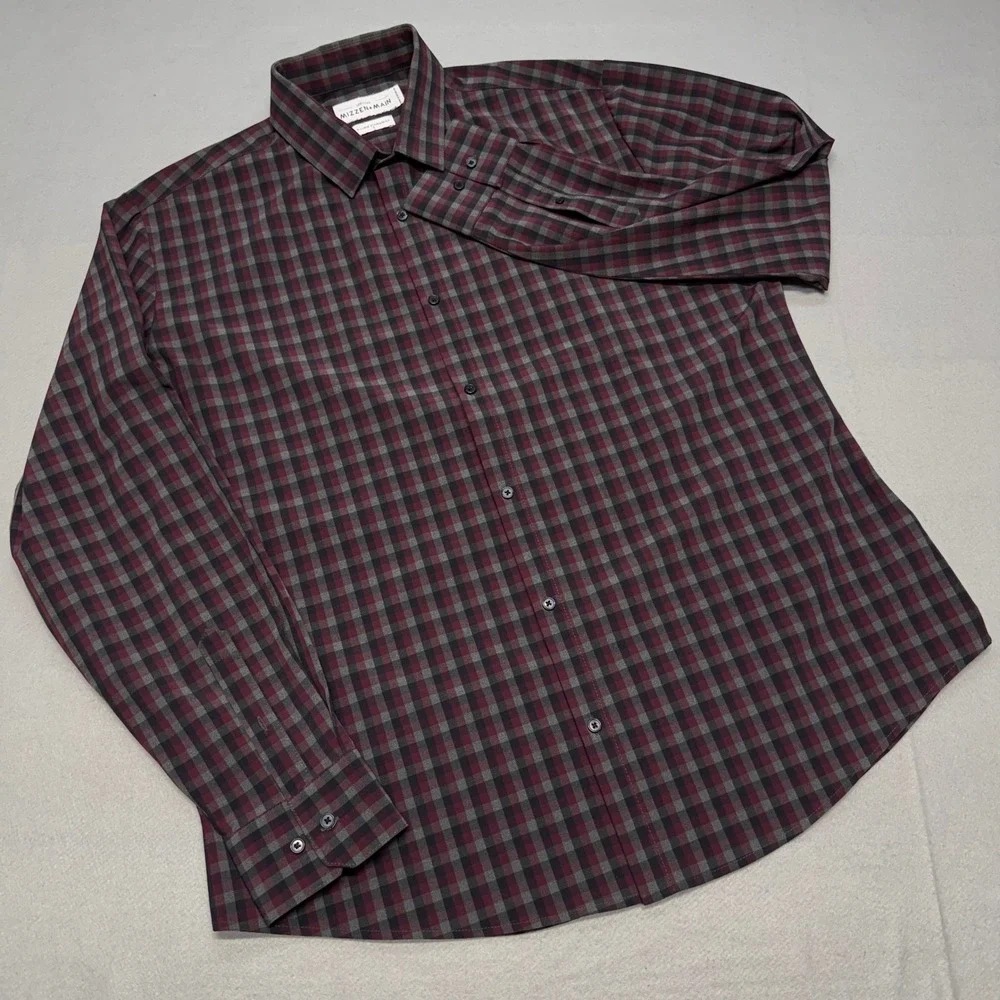 Mizzen+Main Leeward Plainview Standard Fit Dress Shirt Mens XL Burgundy Gingham
